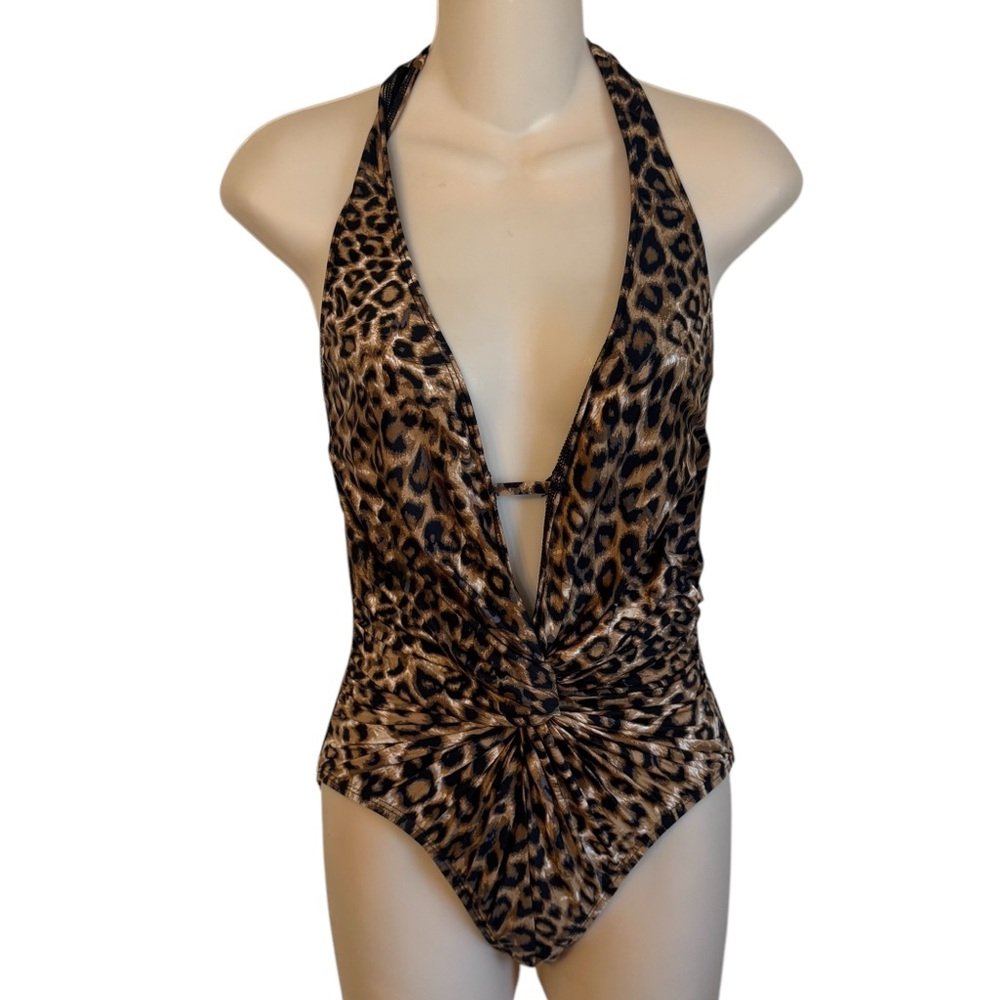 Sexy Leopard Print Halter Swimsuit LOW PLUNGE Kenneth Cole Swimsuit one piece S